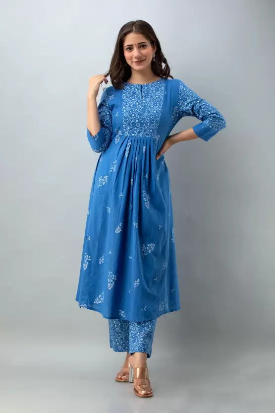 Women Blue Pure Cotton Kurta Pant Set