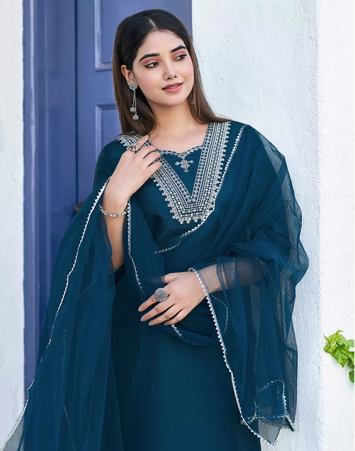 Women Blue Silk Blend Kurta Pant Dupatta Set