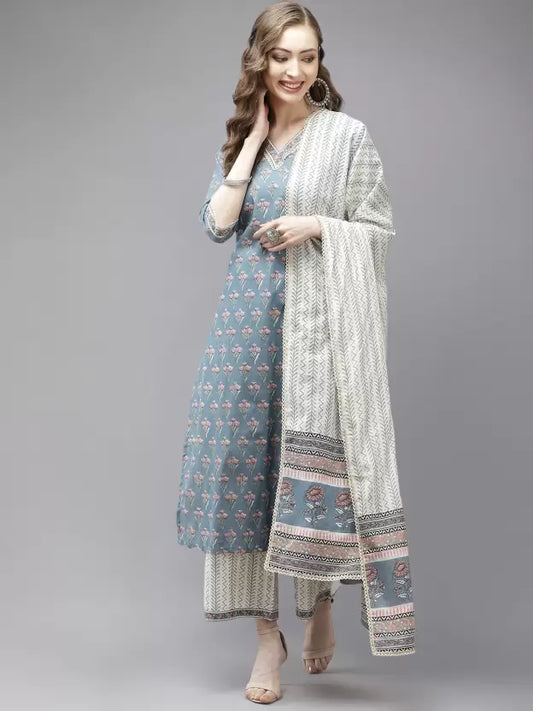 Women Blue Cotton Blend Kurta Palazzo Set