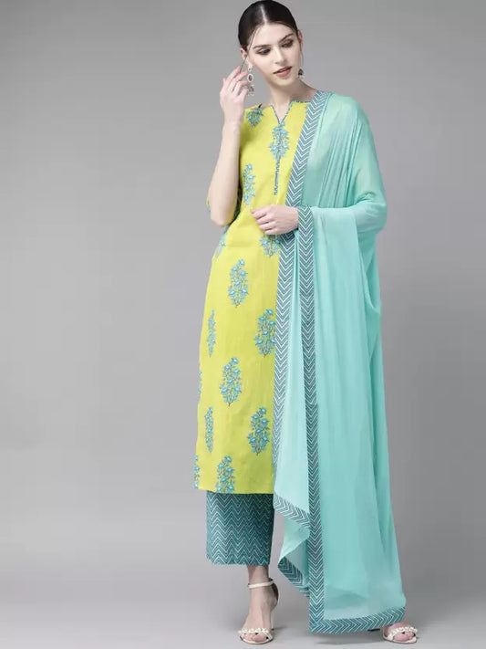 Women Green Cotton Blend Kurta Palazzo Set