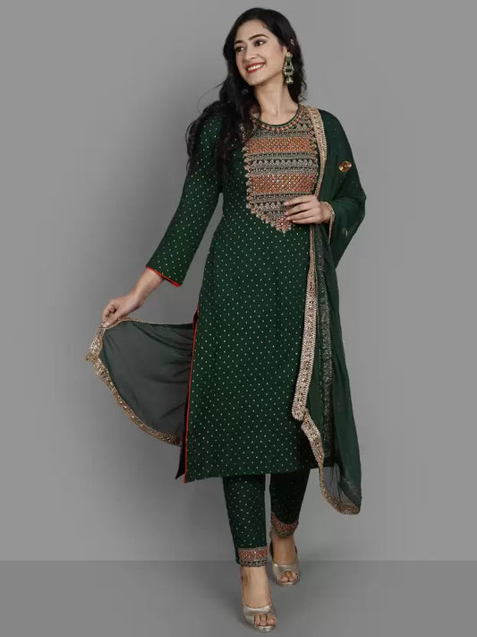 Women Green Viscose Rayon Kurta Pant Dupatta Set