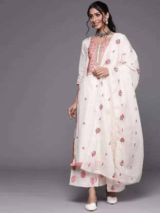 Women Off White & Pink Cotton Floral Thread Work Kurta with Palazzos & Dupatta