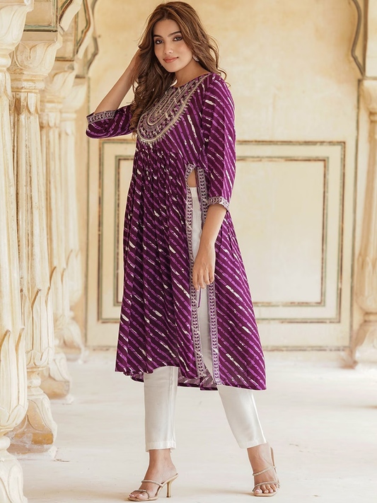 Leheriya Printed Pleated Thread Work Kurta With Trousers