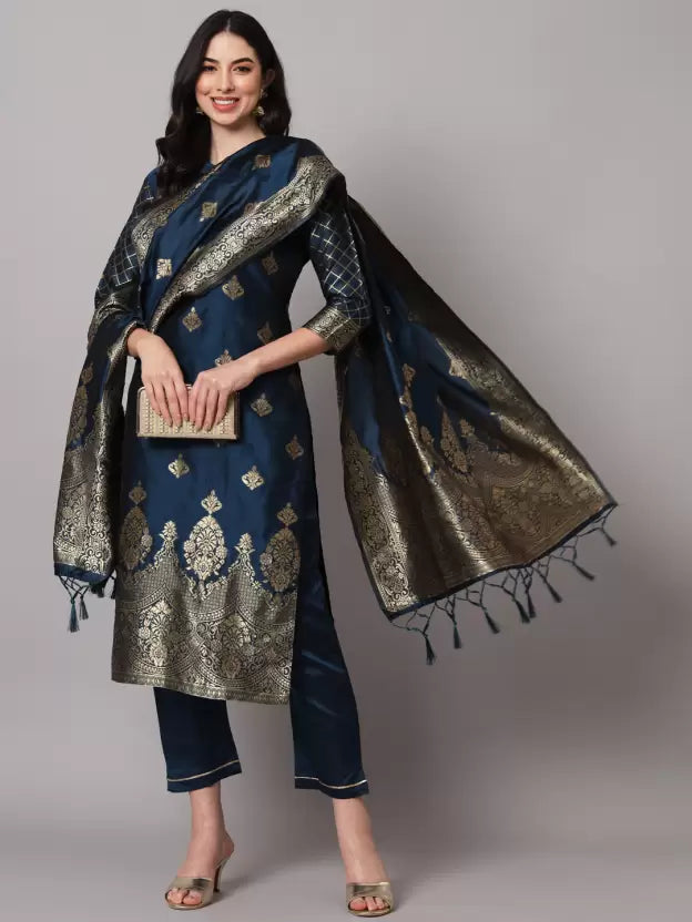 Women Blue Silk Blend Kurta Pant Dupatta Set