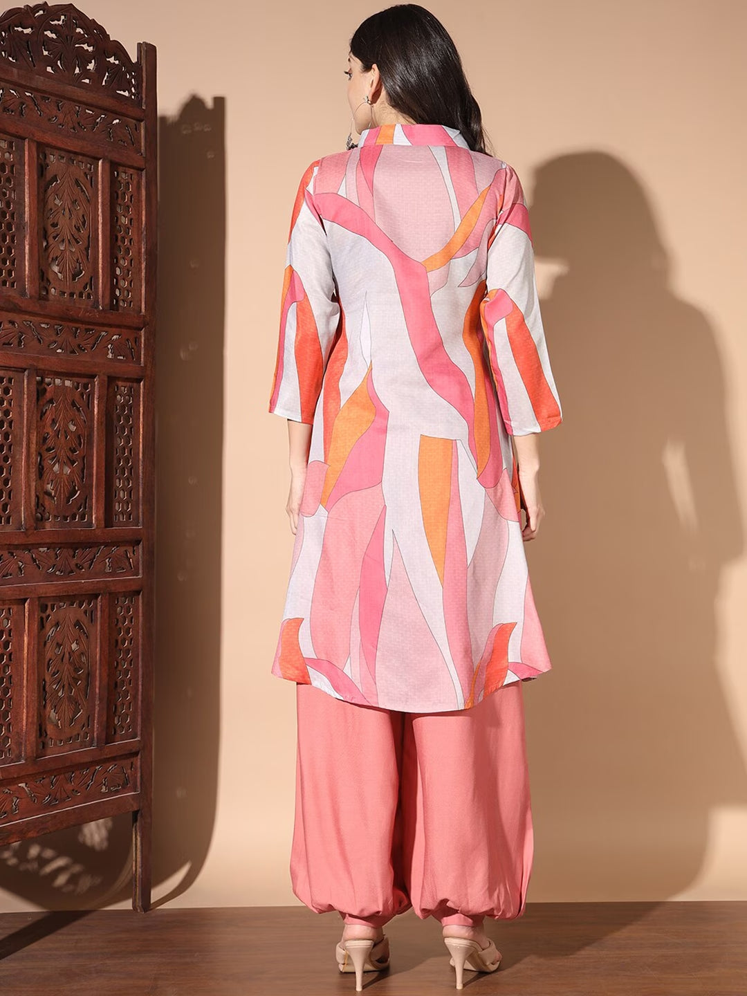 Pink & White Printed Shirt Collar A-Line Kurta With Salwar