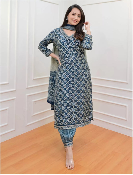 Women Blue Viscose Rayon Kurta Pant Dupatta Set