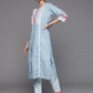 Women Blue Cotton Blend Kurta Pant Set