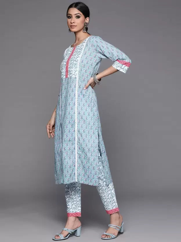 Women Blue Cotton Blend Kurta Pant Set