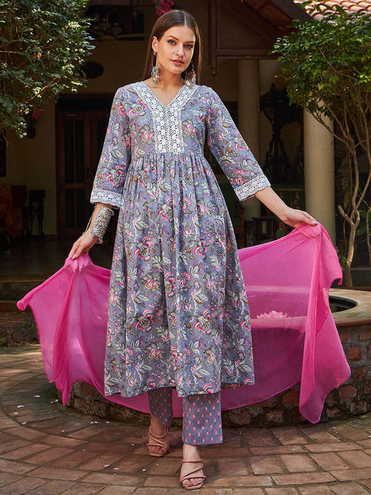 Floral Printed Thread Work Pure Cotton Kurta With Trousers & Dupatta