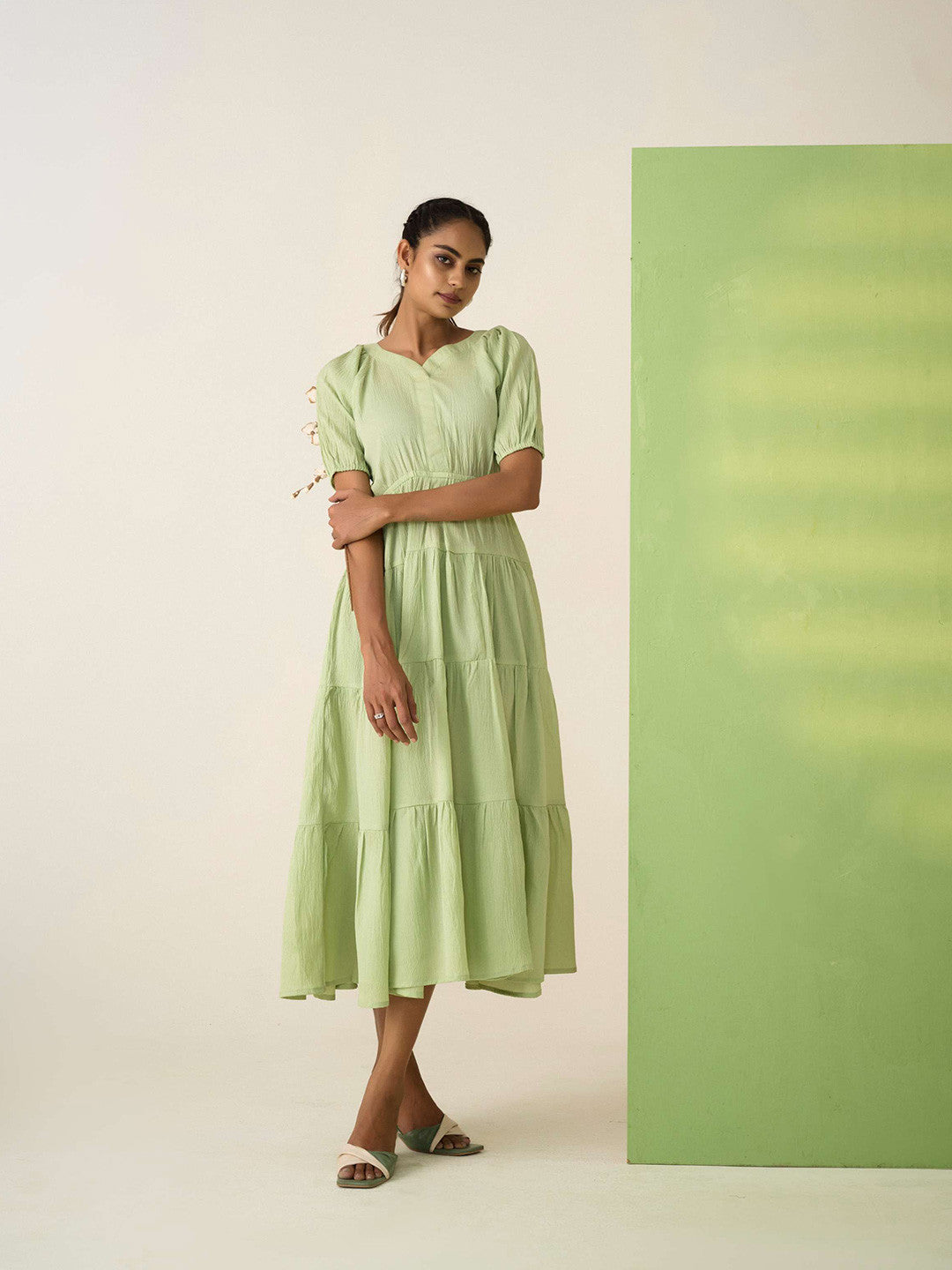 The Lifestyle Co Women Sweetheart Neck Puff Sleeve Fit & Flare Tiered Midi Dress