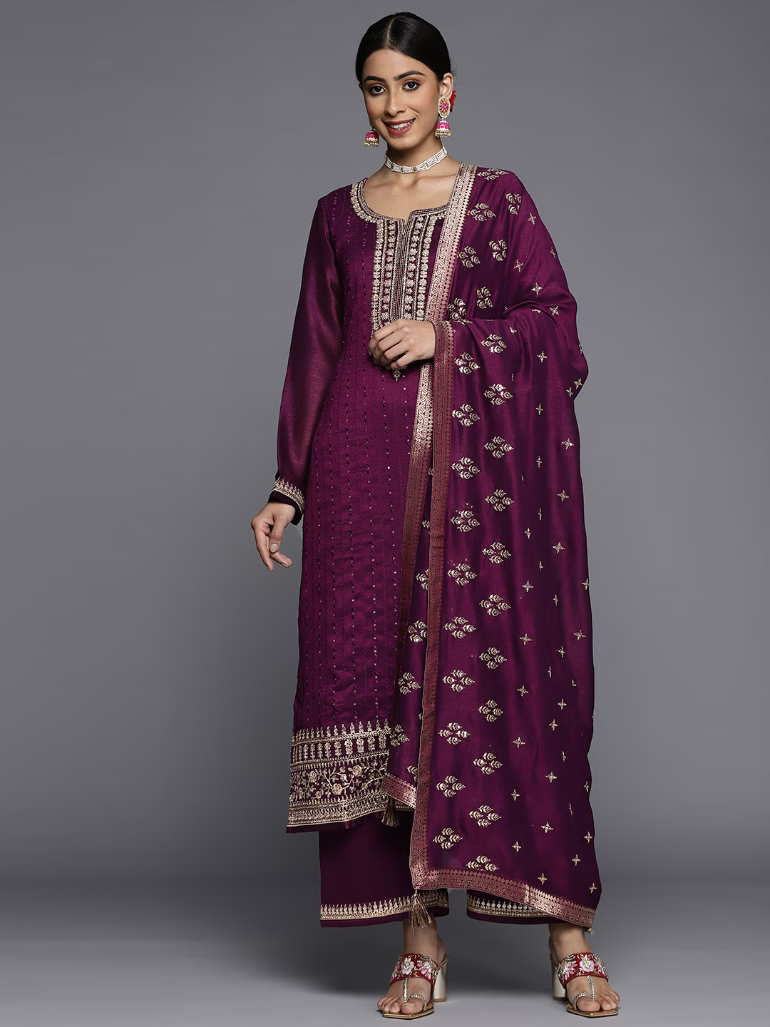 Women Purple Floral Embroidered Sequinned Kurta with Palazzos & Dupatta