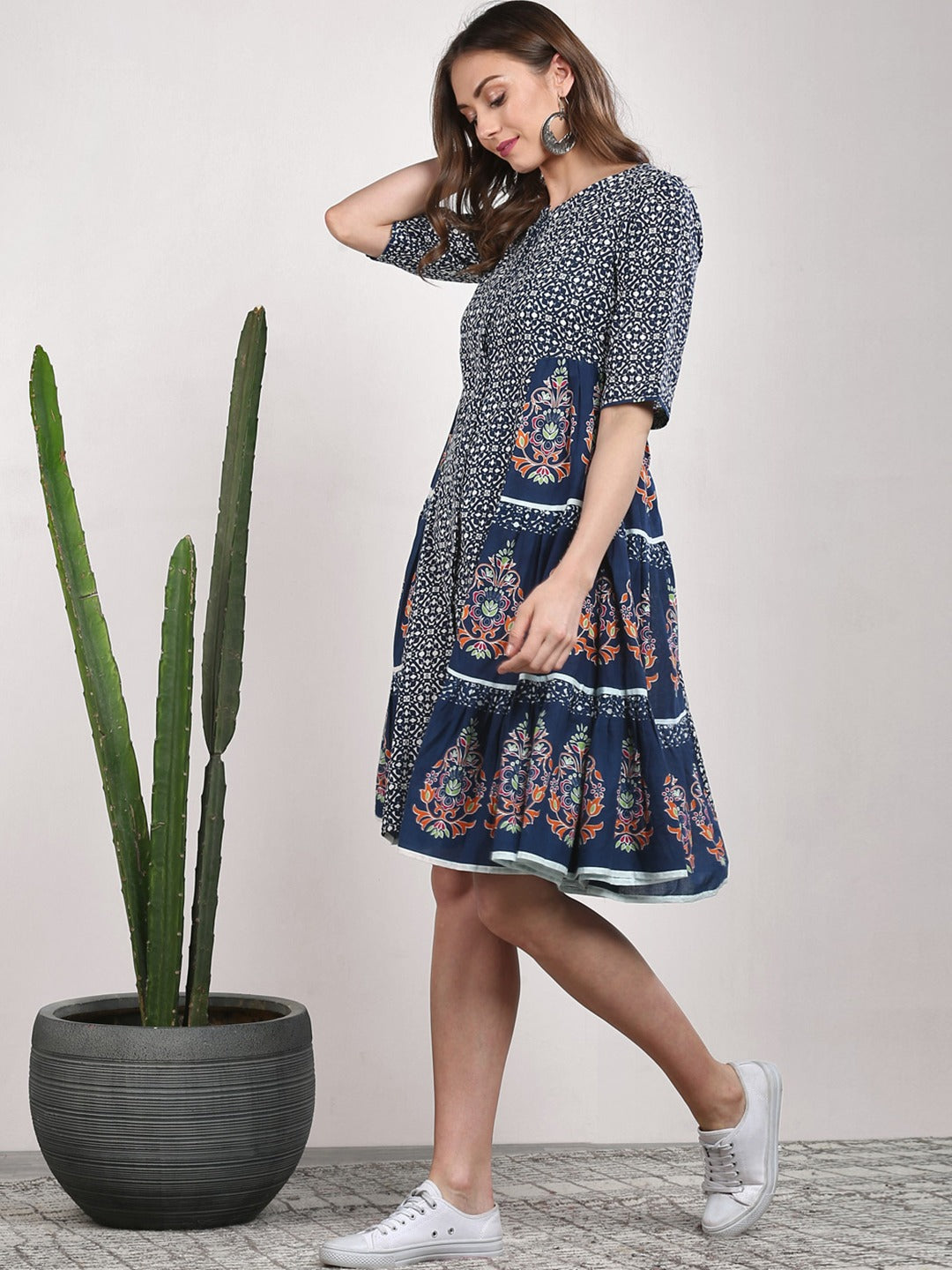 Navy Blue Abstract Printed Cotton A-Line Dress