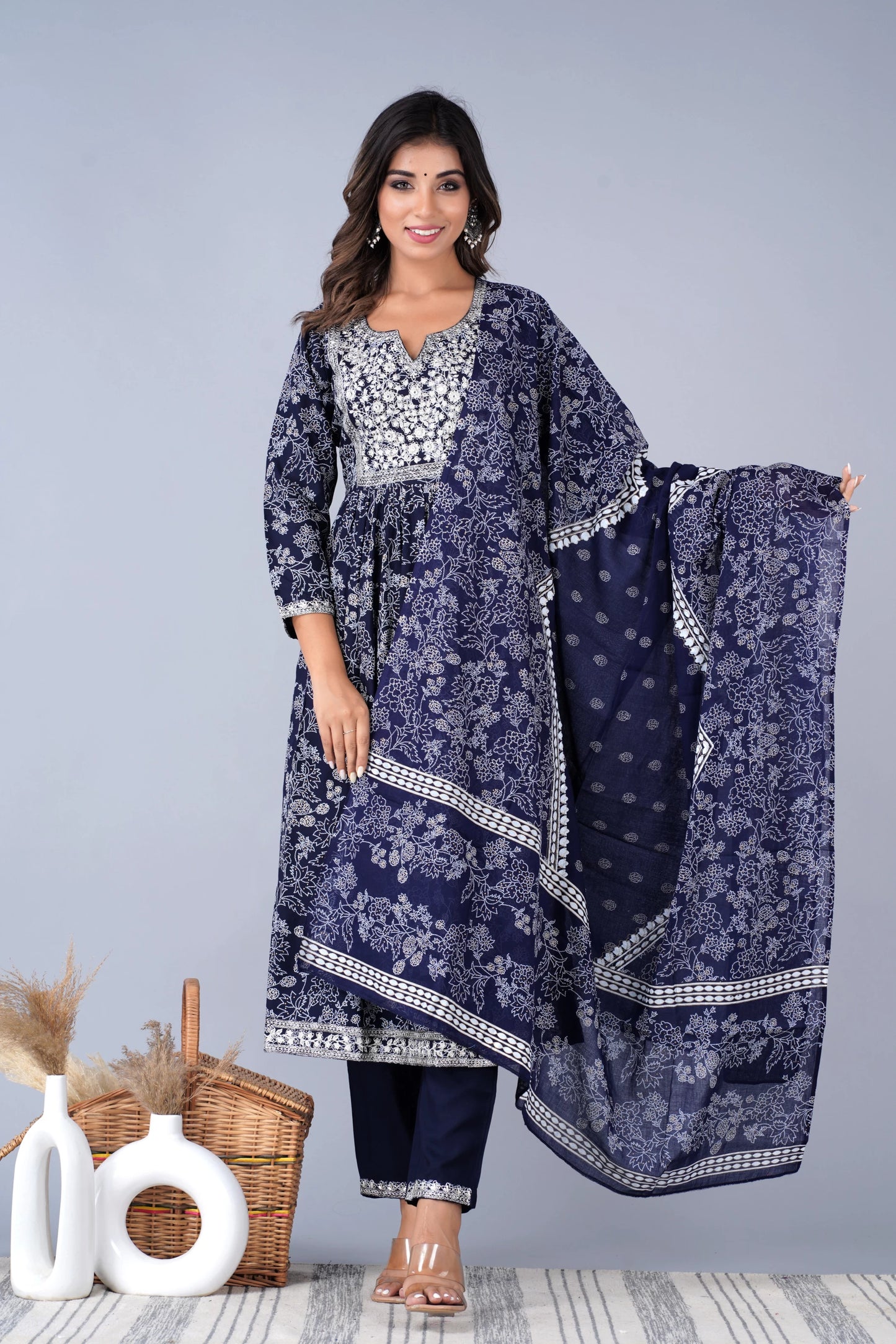 Embroidered Blue Kurta, Bottom & Dupatta Set