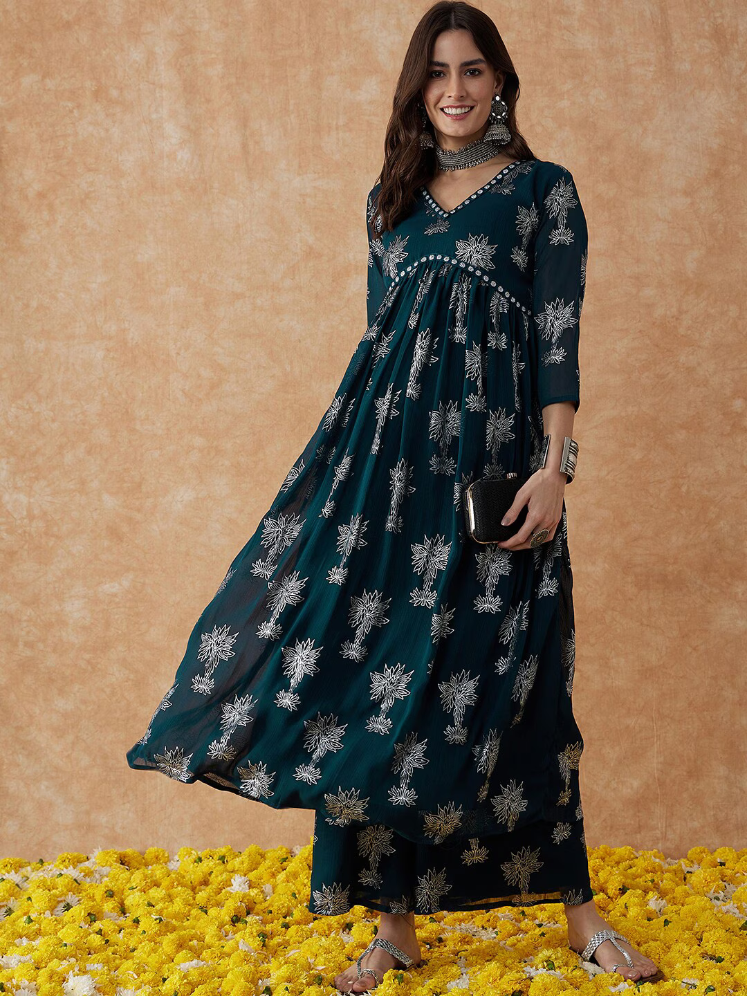 Floral Printed V-Neck Anarkali Kurta & Palazzos