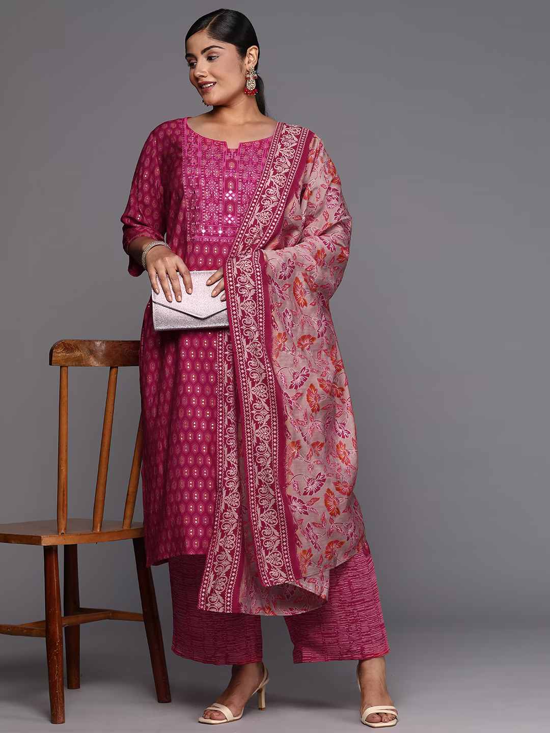 Women Plus Size Embroidered Kurta with Palazzos & With Dupatta