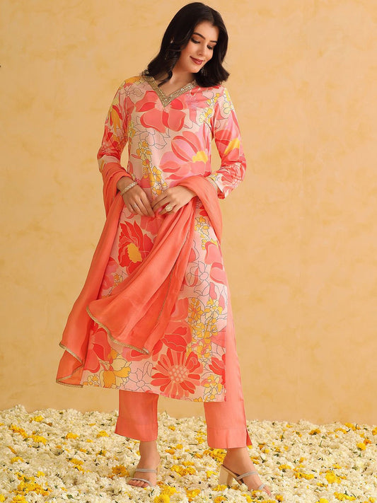 Floral Printed Straight Kurta with Trousers & Dupatta