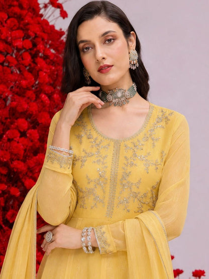 Women Butter Yellow Embroidered Anarkali Kurta And Pant Set With Dupatta