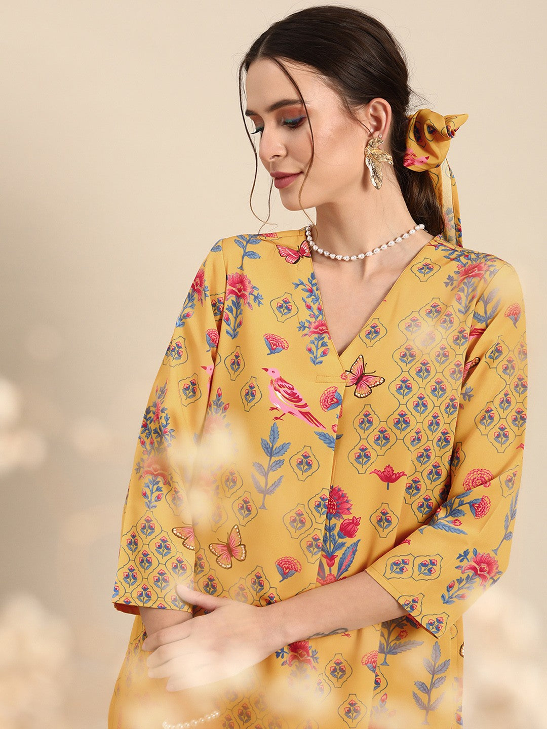 Women Mustard Yellow Floral Printed A- Line Kurta with Trousers