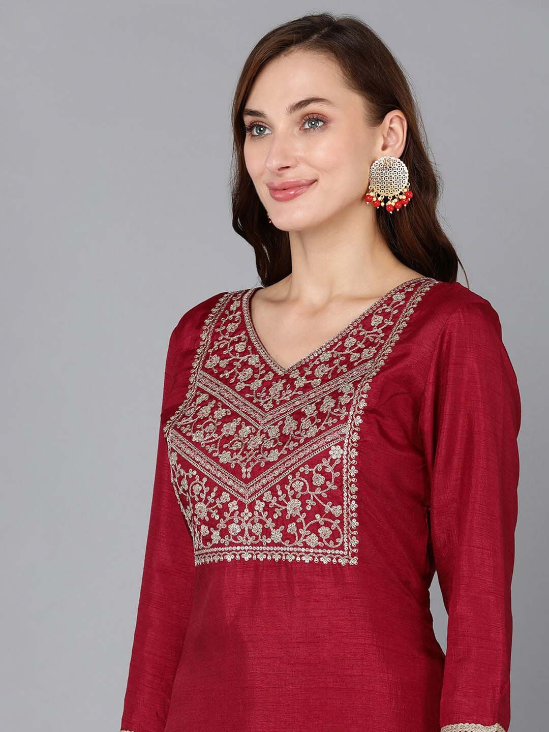 Maroon Ethnic Motifs Yoke Design Zari Sequinned Kurta with Trousers & Dupatta