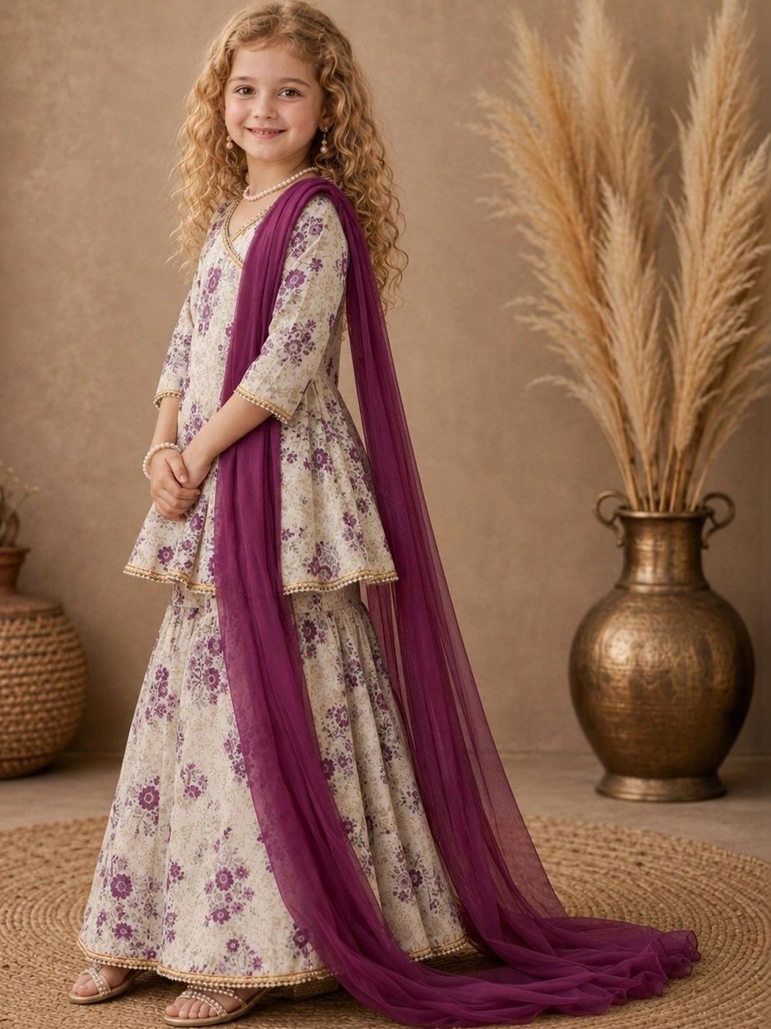 Girls Floral Printed Angrakha Pure Cotton Kurta with Sharara & With Dupatta