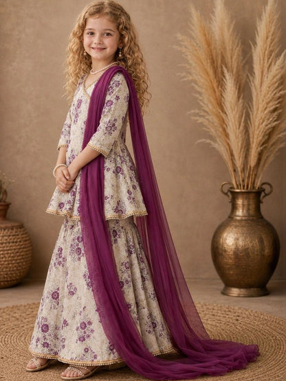 Girls Floral Printed Angrakha Pure Cotton Kurta with Sharara & With Dupatta