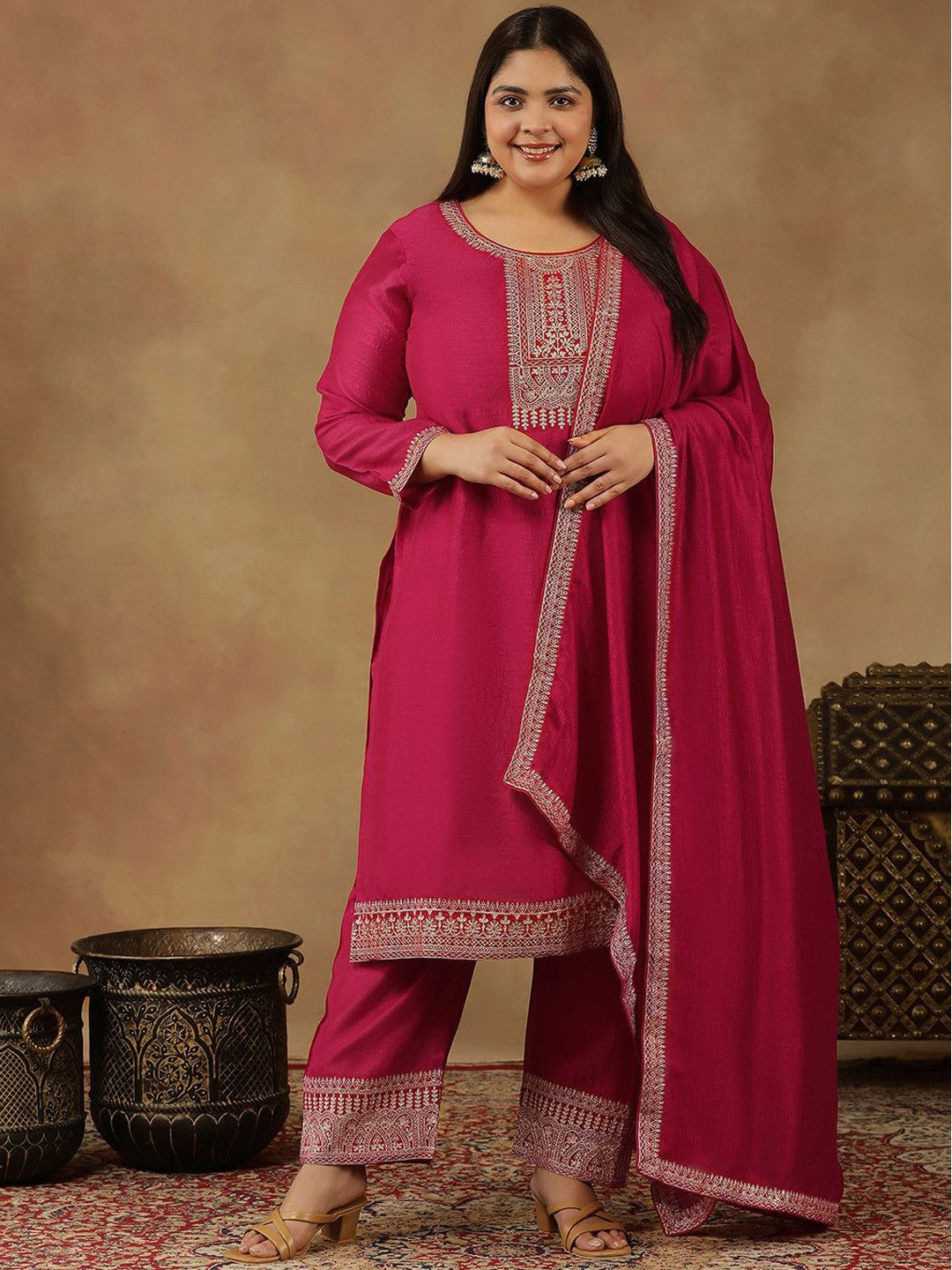 Plus Size Ethnic Motifs Embroidered Thread Work Kurta Trousers & With Dupatta