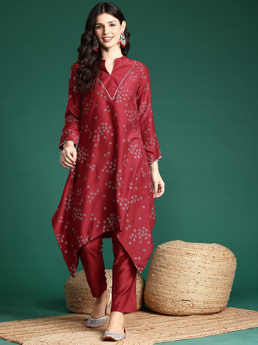 Foil Printed Ethnic Motifs Printed Gotta Patti Asymmetric Kurta with Trousers