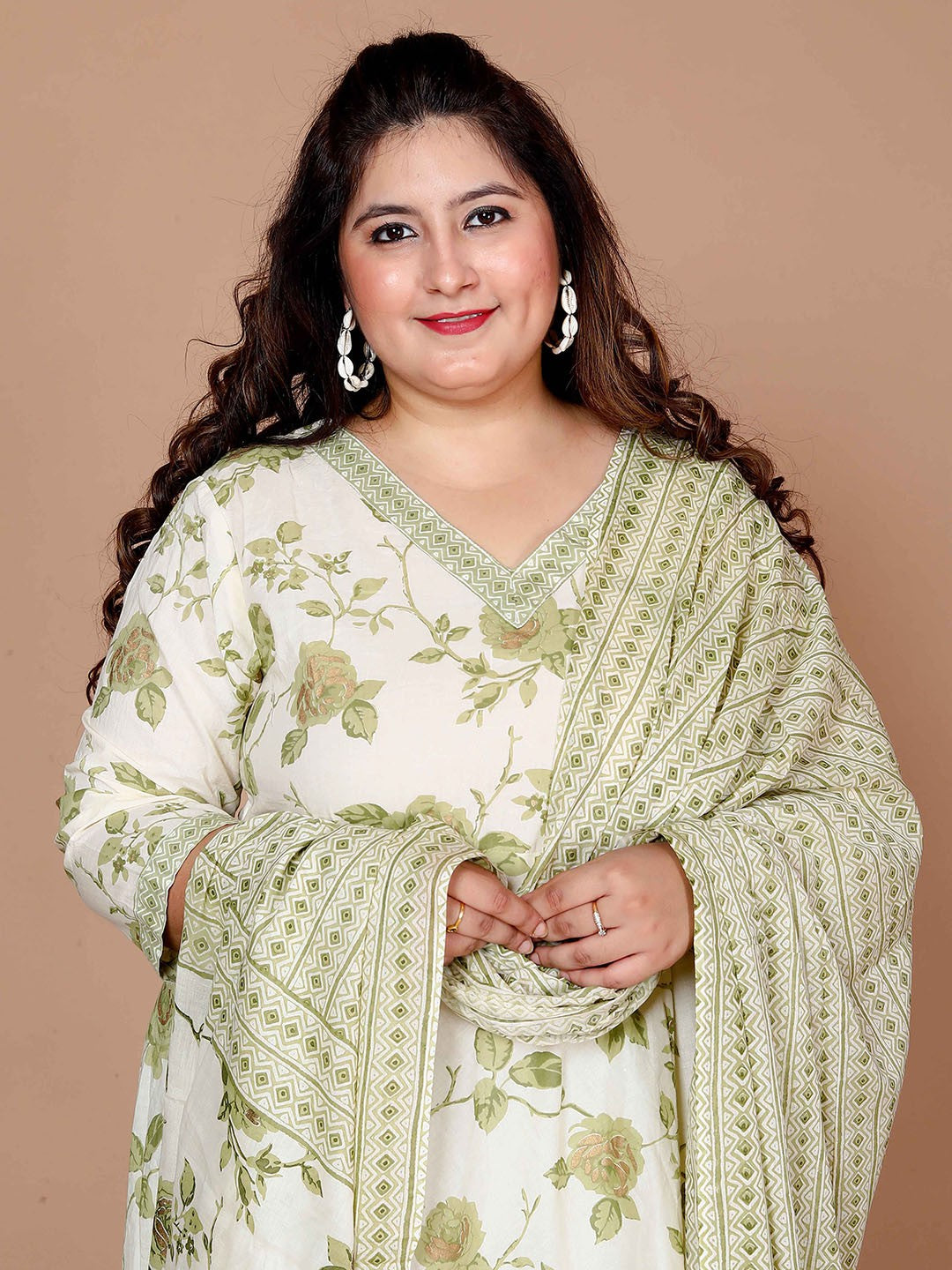 Plus Size Floral Printed Pure Cotton Anarkali Kurta with Trousers & Dupatta