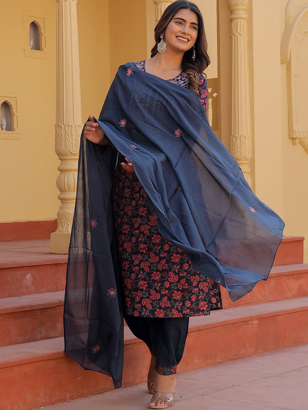 Floral Printed Thread Work Pure Cotton Kurta with Salwar & Dupatta