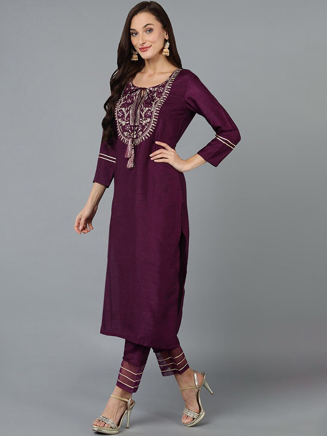 Floral Embroidered Regular Mirror Work Straight Kurta With Trousers & Dupatta