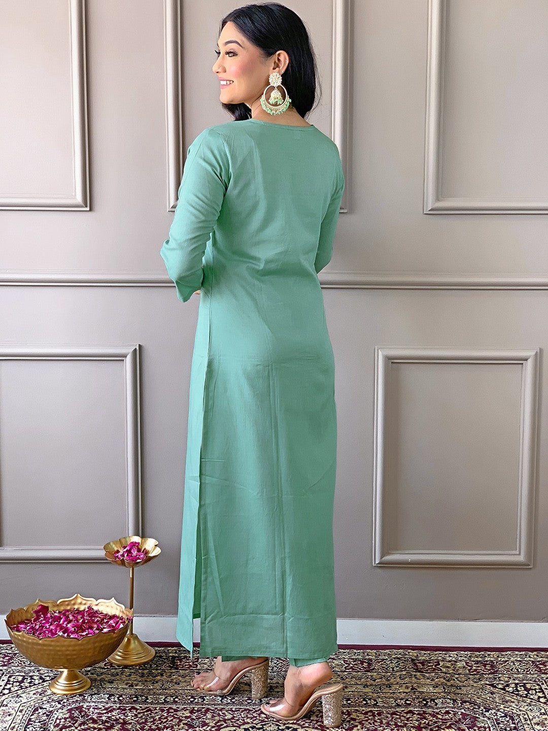 Floral Yoke Design Round Neck Sequinned Straight Kurta with Trousers & With Dupatta