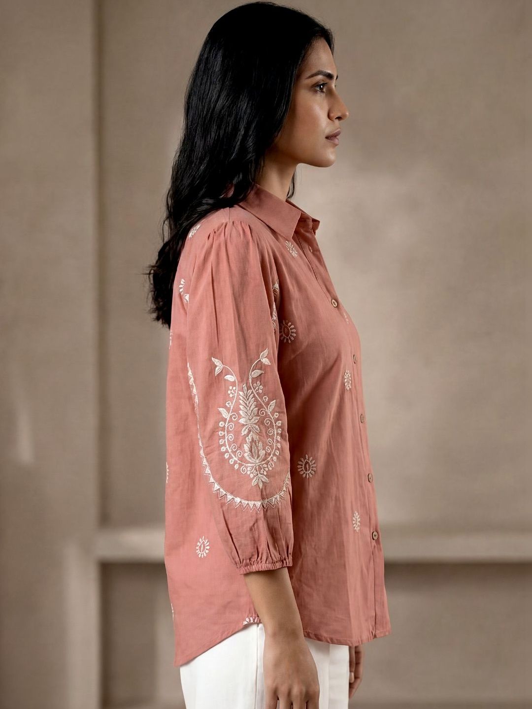 Women Shirt Collar Embroidered Tunic