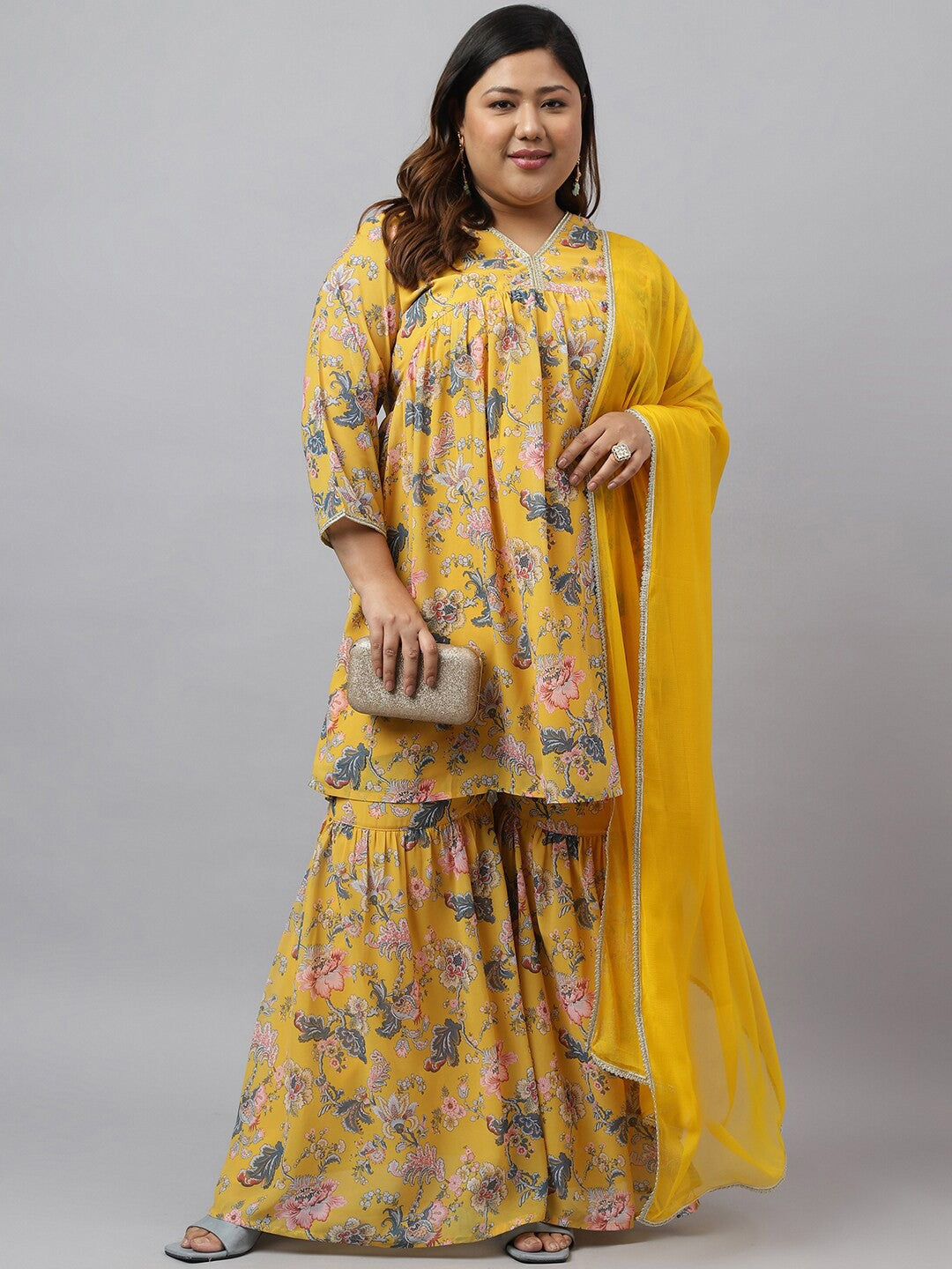 Plus Size Floral Printed Gotta Patti Kurta With Sharara & Dupatta