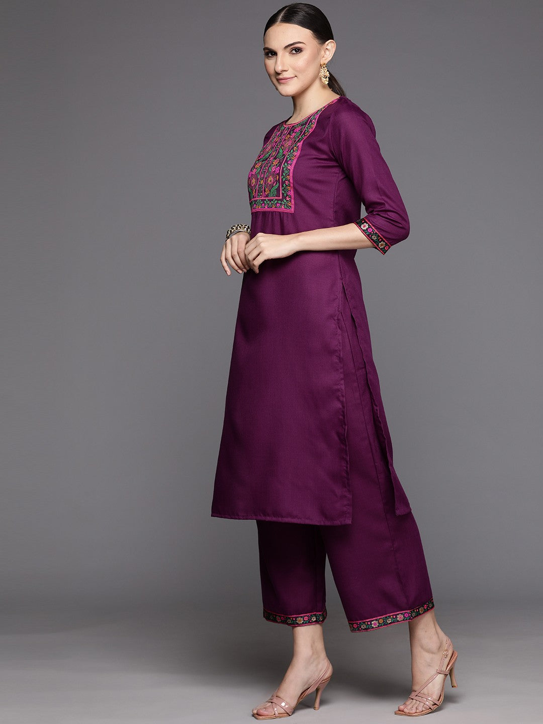 Women Purple Yoke Design Regular Kurta with Palazzos & With Dupatta