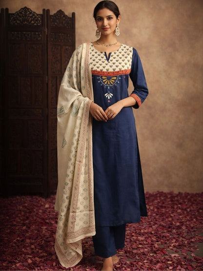 Women Ethnic Motifs Yoke Design Regular Pure Cotton Kurta with Trousers & With Dupatta