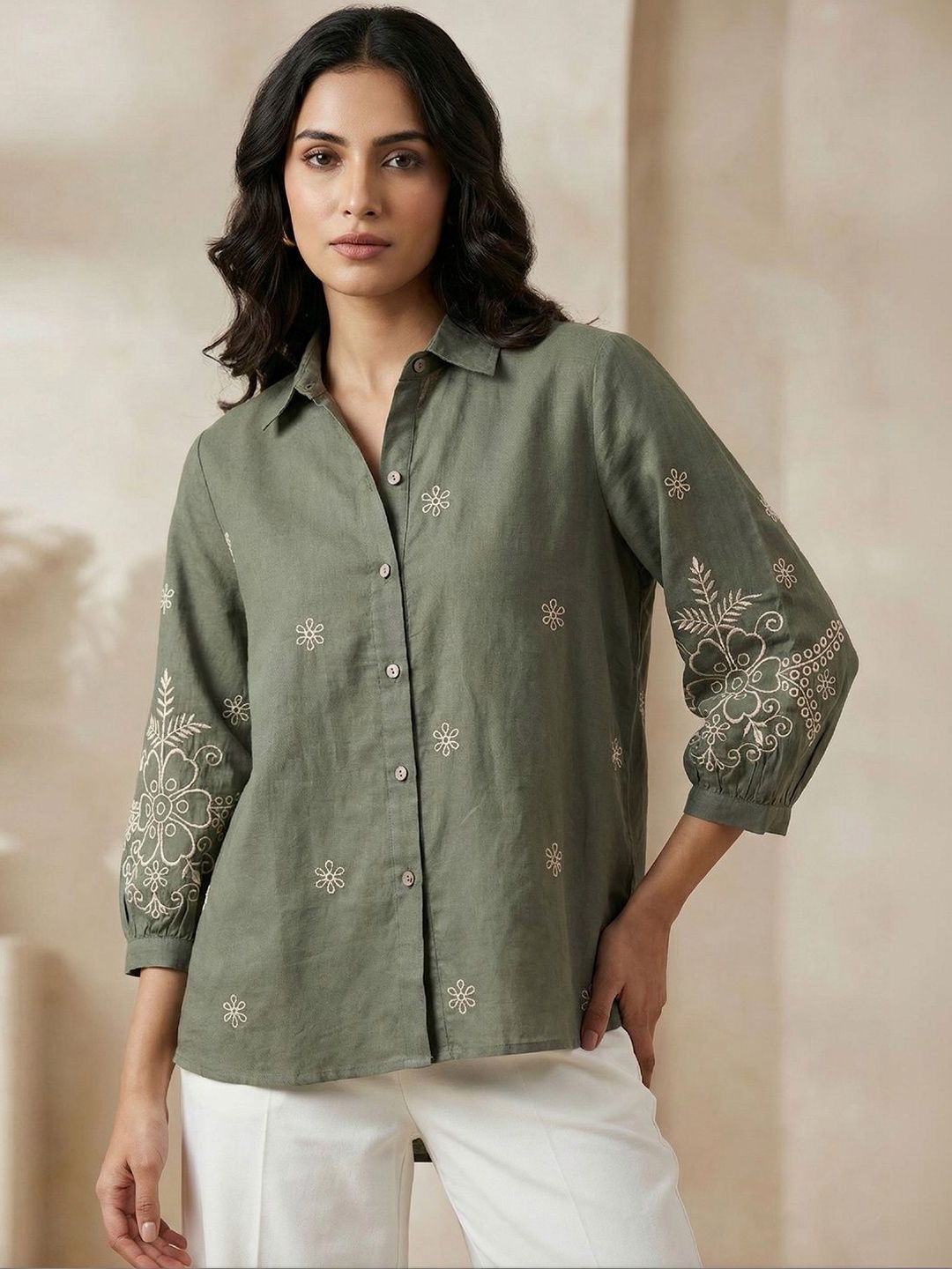 Women Shirt Collar Embroidered Tunic