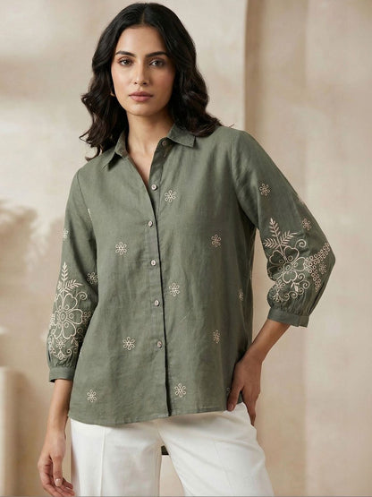 Women Shirt Collar Embroidered Tunic