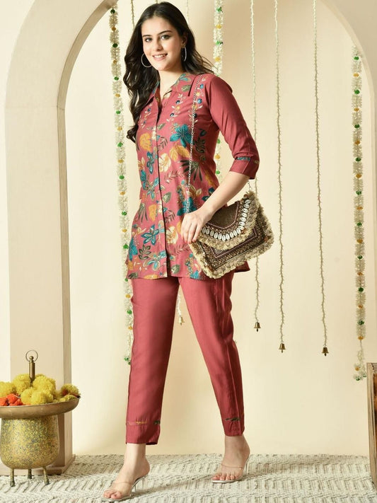 Women Bohemian Embroidered Top with Trousers Co-ords Set