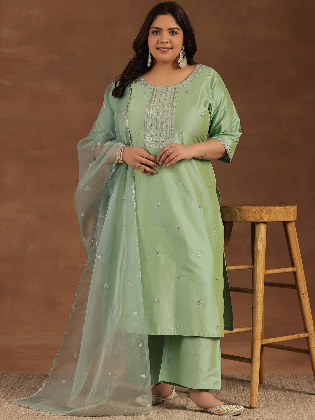 Plus Size Floral Embroidered Sequinned Kurta ,Palazzos & Dupatta