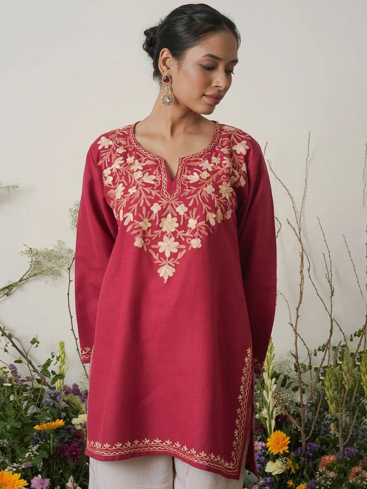 Women Maroon Floral Embroidered Daily Cotton Straight Kurta
