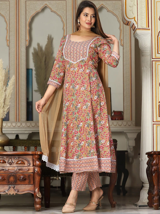 Floral Printed Mirror Work Anarkali Kurta With Trousers & Dupatta