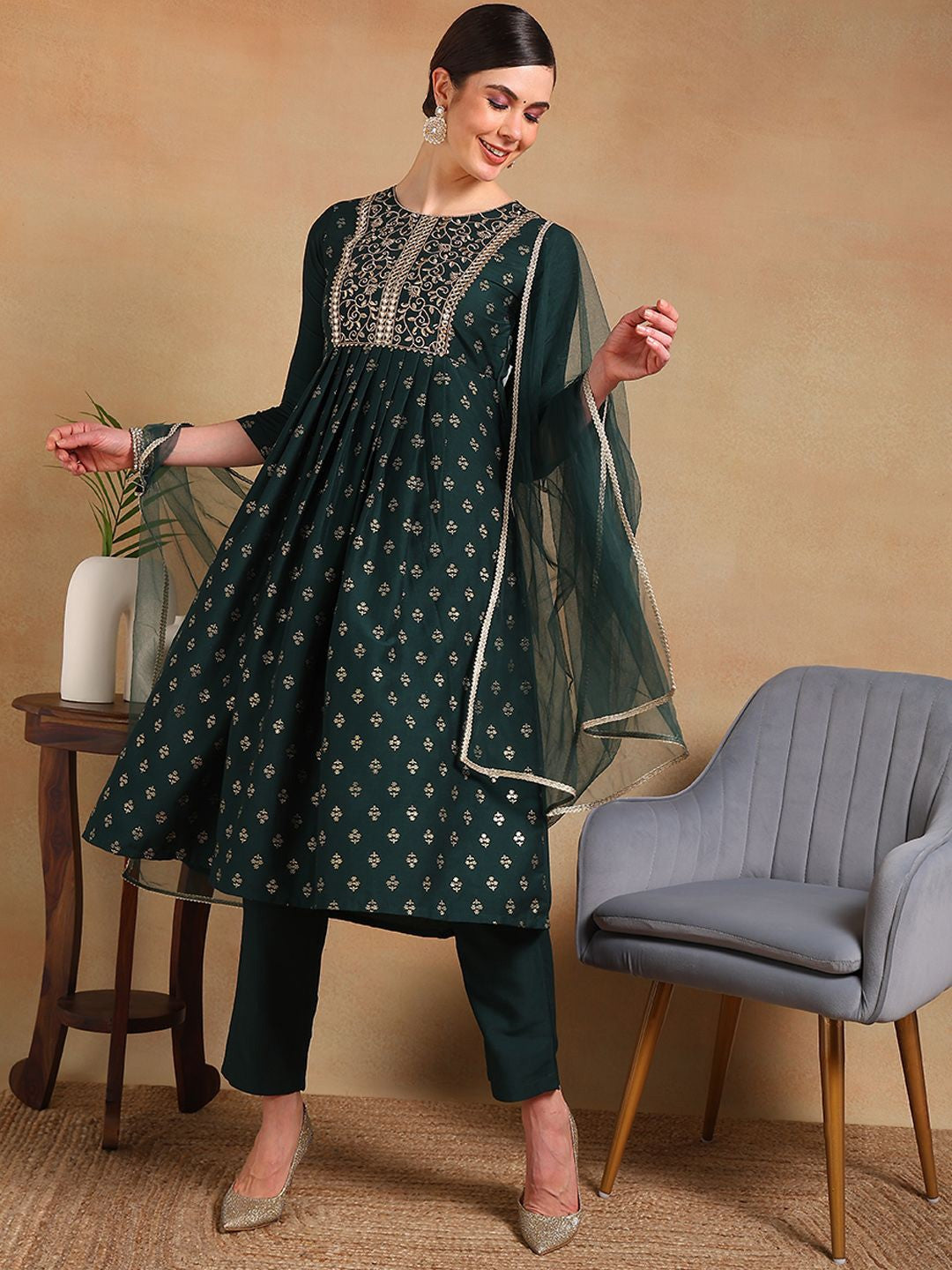 Ethnic Motifs Embroidered Empire Mirror Work Kurta with Trousers & Dupatta