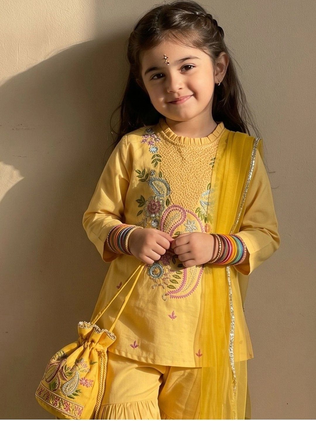 Girls Ethnic Motifs Embroidered Regular Thread Work Kurti with Sharara & With Dupatta