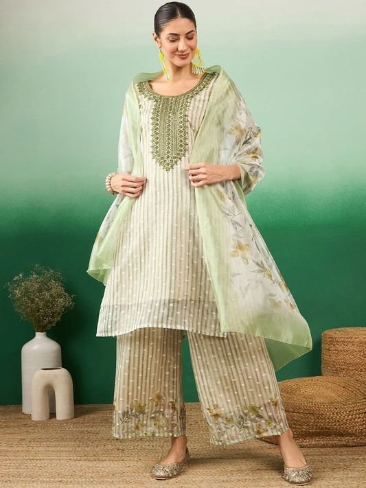 Green Striped Beads & Stones Organza Straight Kurta & Palazzos With Dupatta