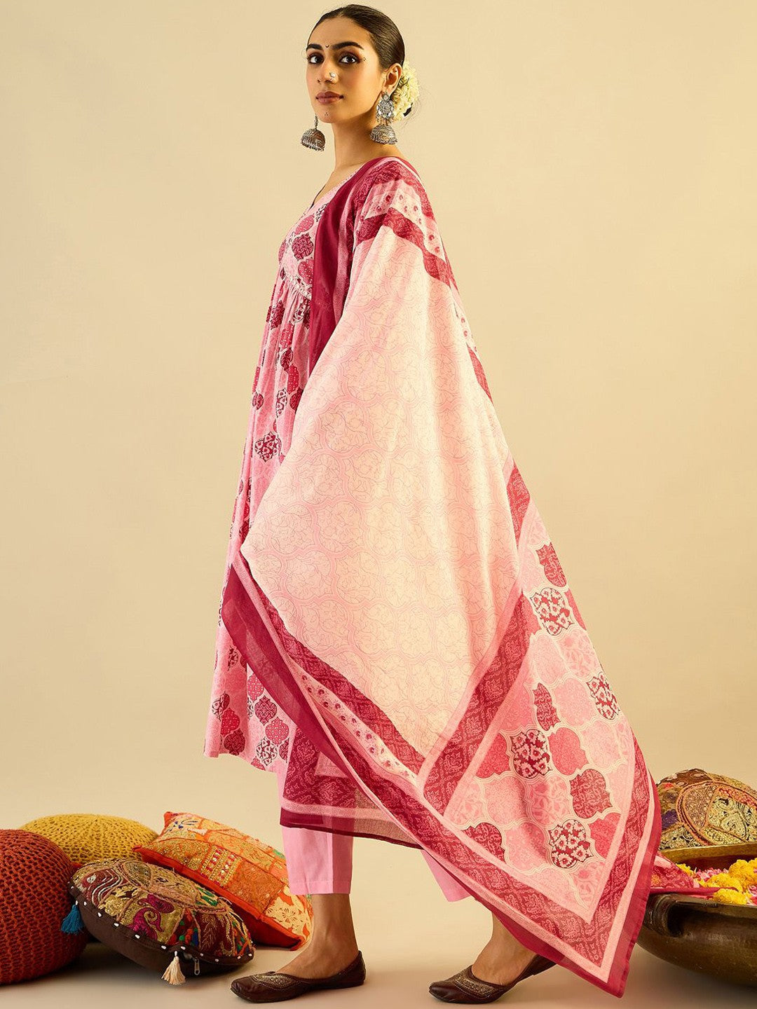 Printed Mirror Work Pure Cotton Kurta With Trousers & Dupatta