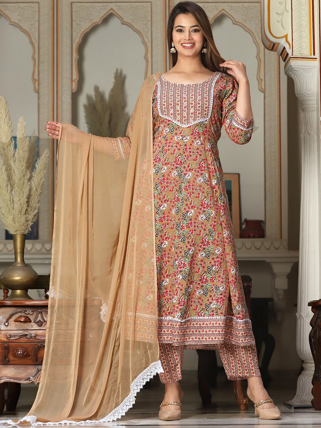 Floral Printed Mirror Work Anarkali Kurta With Trousers & Dupatta