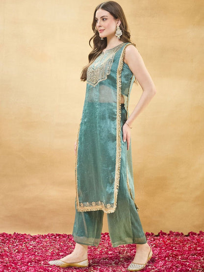 Women Silk Kurta And Spaghetti Blouse With Palazzo Set