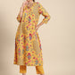 Women Mustard Yellow Floral Printed A- Line Kurta with Trousers