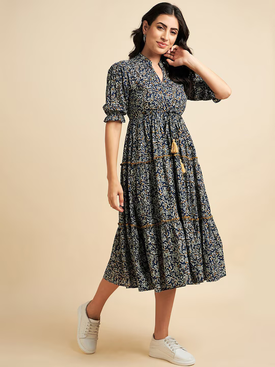 Floral Printed Mandarin Collar Gathered Pure Cotton Fit & Flare Dress