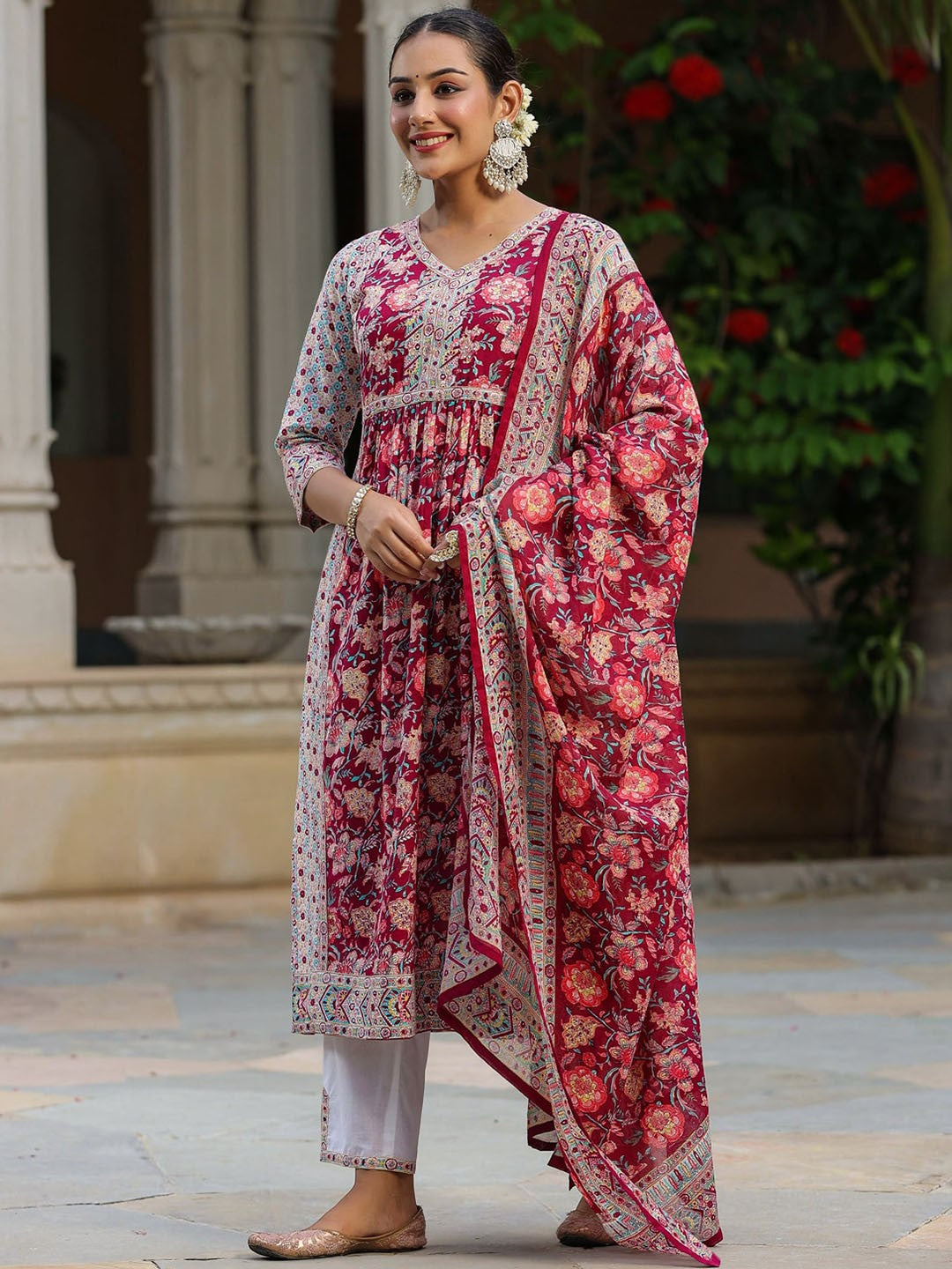 Floral Printed Pure Cotton A-line Kurta With Trousers & Dupatta